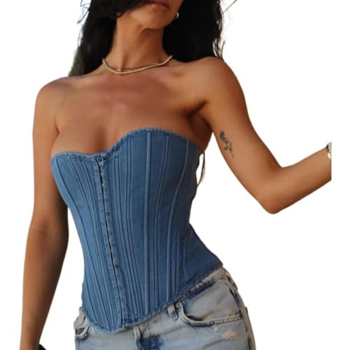 Cvokrpy Denim Corset Top for Women, Denim Tube Top Sexy Sleeveless Slim Front Hook Waist Cincher Bustier Jean Corset Tops | Amazon (US)