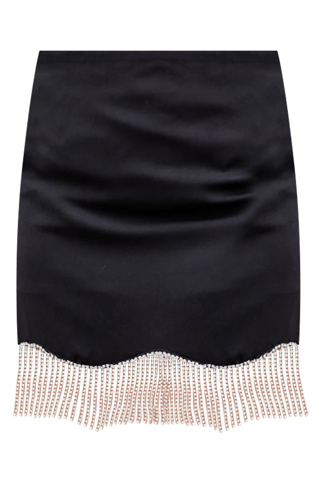 What You're Missing Black Rhinestone Fringe Hem Mini Skirt | Pink Lily