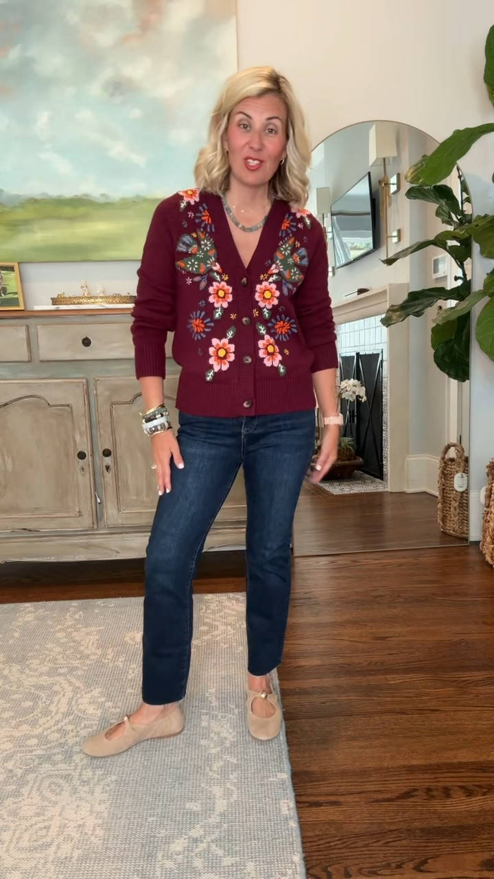Boden Sale!! 
Cardigan - 
Jeans - 26 
Mary Jane’s - 7.5 (1/2 size down) 


Codes:
W25V for 25% off select items Boden 
9Q3A for 15% off full price Boden 
Catherine20 at Allie + Bess