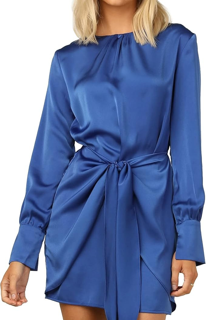 R.Vivimos Women's Satin Dress Long Sleeve Casual Wrap Ruched Tie Waist Party Mini Dress | Amazon (US)
