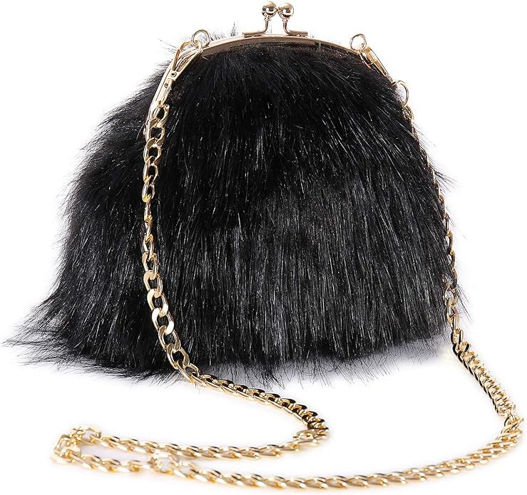 FHQHTH Faux Fur Purse Fashion Clutch Handbag Shoulder Vintage Evening Bags for Women [Black]: Han... | Amazon (US)