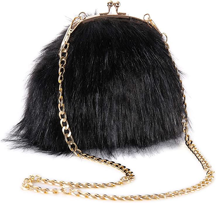 FHQHTH Faux Fur Purse Fashion Clutch Handbag Shoulder Vintage Evening Bags for Women [Black]: Han... | Amazon (US)