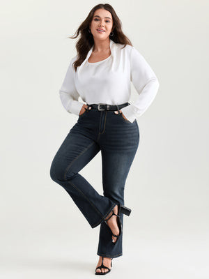 Plus Size Bootcut Very Stretchy Mid Rise Medium Wash Sculpt Waist Jeans Women Blue Elegant Plain Non High stretch Slanted pocket Jeans BloomChic 10/M | Bloomchic