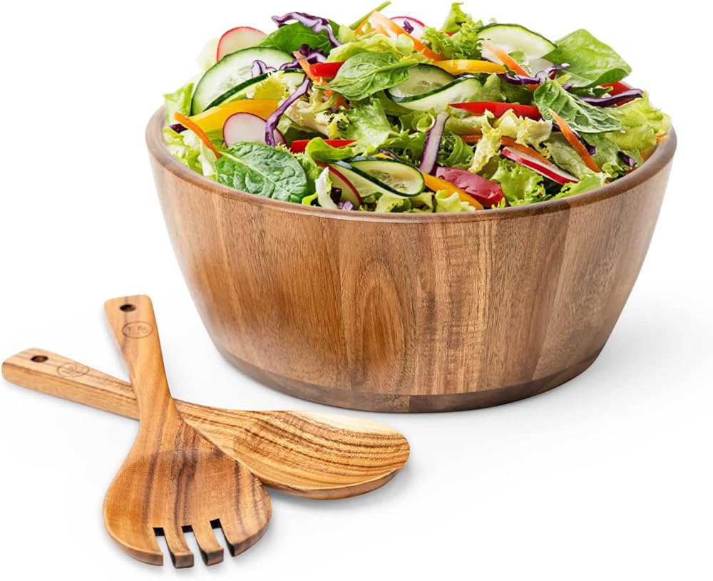 E&WES CO Large Solid Wood Salad Bowl Set 12-Inch Diameter With Wooden Utensils Spoon And Fork - B... | Amazon (US)