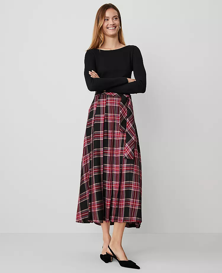 Plaid Tie-Waist Pleated Midi Skirt | Ann Taylor (US)