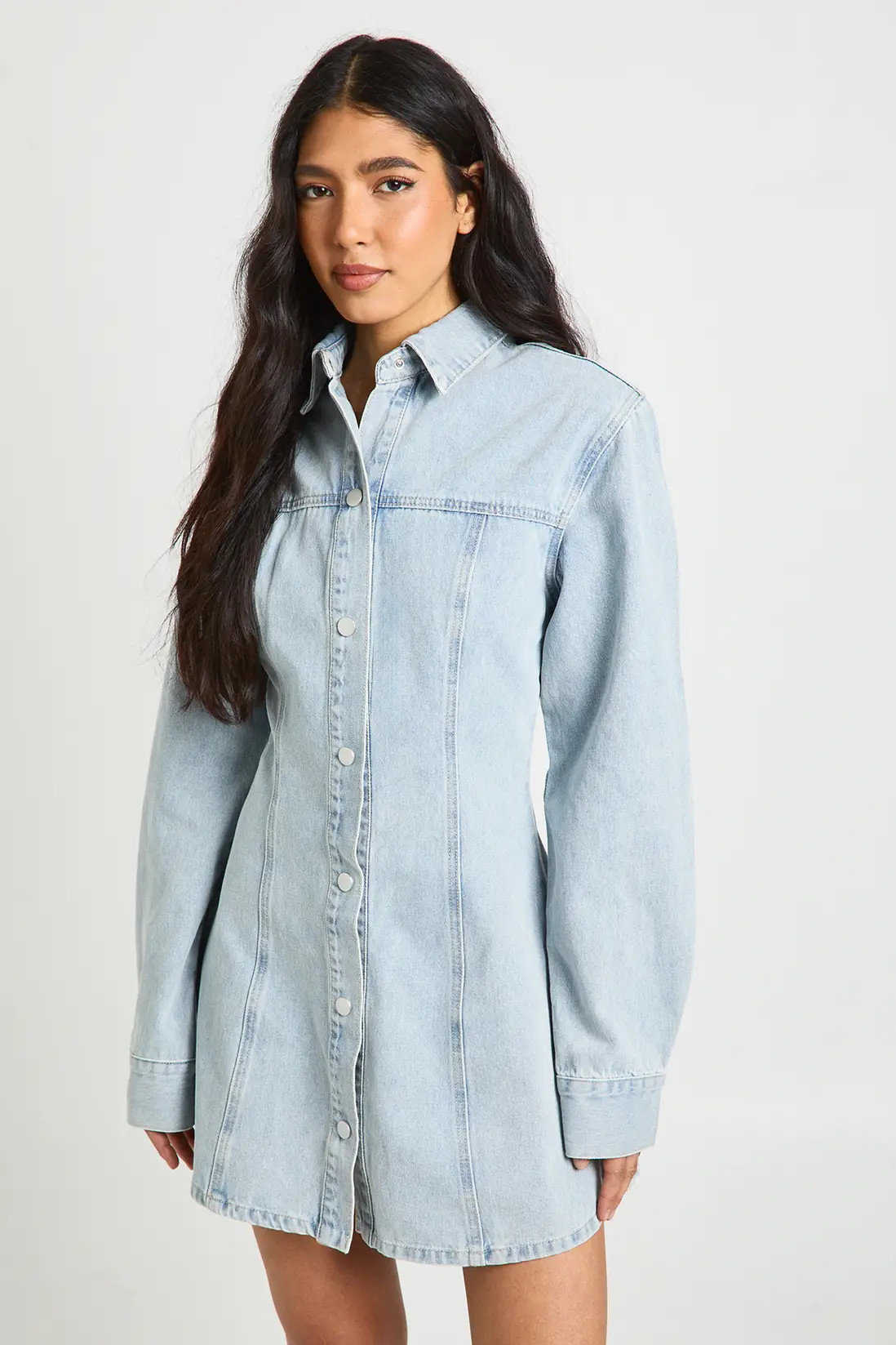 Bleached Blue Tall Long Sleeve Cinched Waist Denim Dress | Boohoo USA | boohoo (US & Canada)