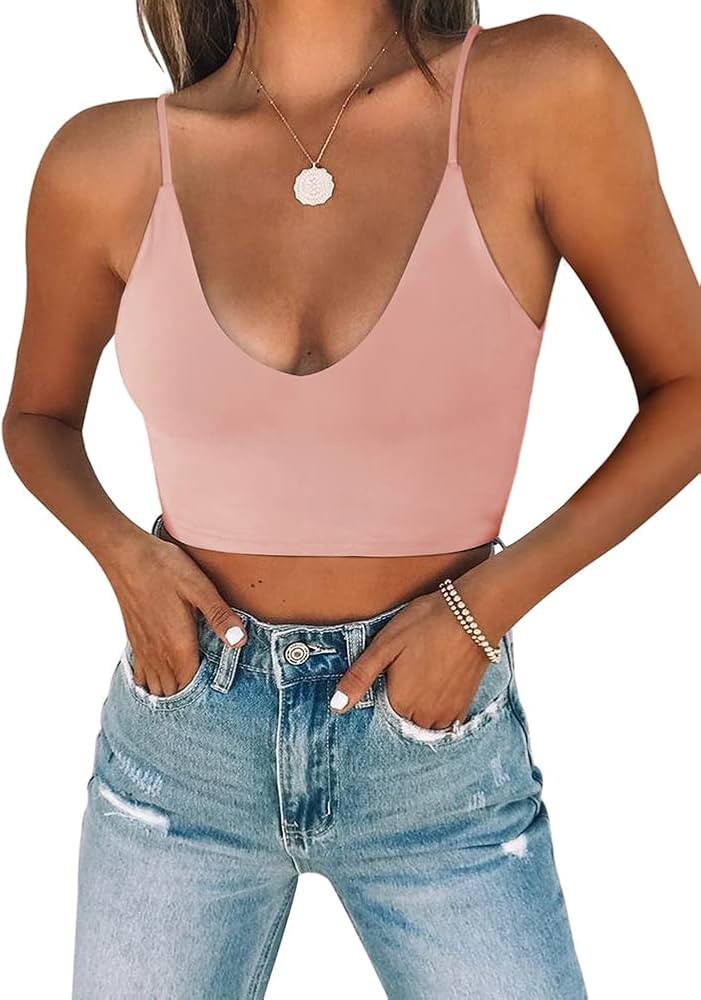 REORIA Women's Sexy Scoop Neck Adjustable Spaghetti Strap Double Lined Seamless Camisole Tank Yog... | Amazon (US)