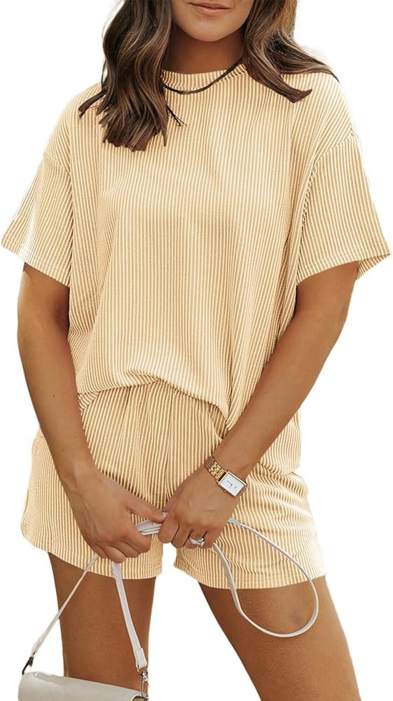 MARZXIN Women's 2 Piece Outfits Summer Tracksuit Ribbed Textured Knit Loose Lounge Shorts Set | Amazon (US)