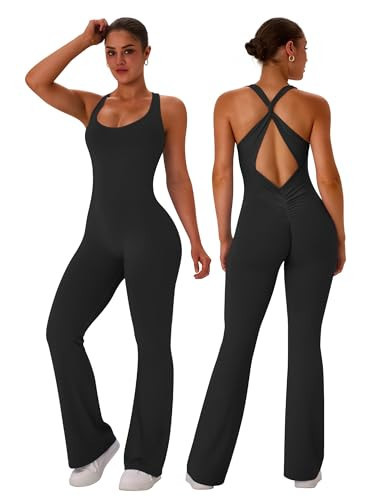 TDIFFUN Flare Workout Jumpsuits for Women One Piece Sleeveless Scrunch Butt Lifting Gym Bodysuit Sexy Backless Yoga Outfits - Black, Medium | Amazon (US)