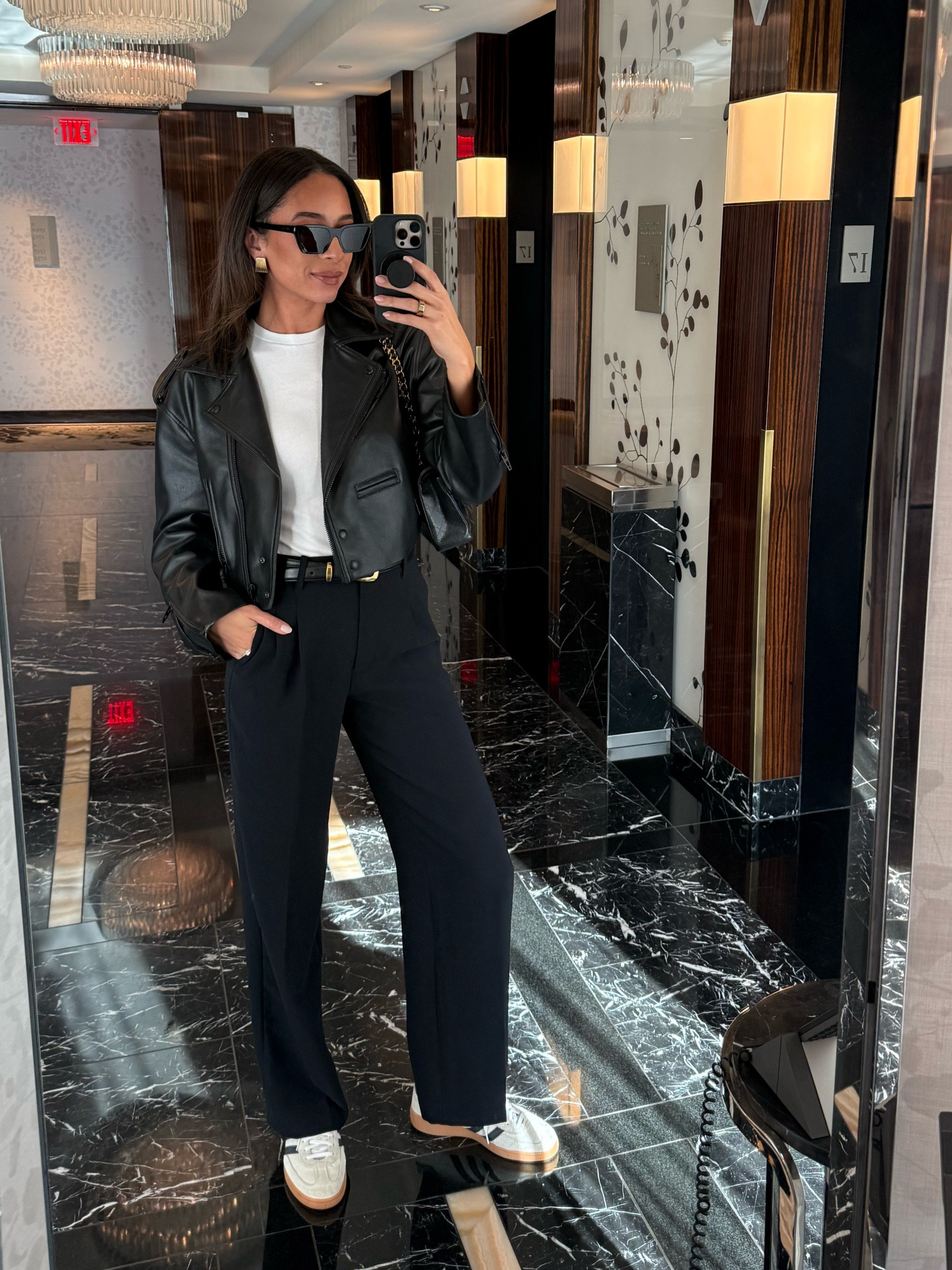 Casual winter outfit for shopping in Vegas! Size S tee, S cropped leather jacket, 4 Tall black trousers, sneakers fit TTS 

#LTKTravel #LTKStyleTip #LTKFindsUnder100