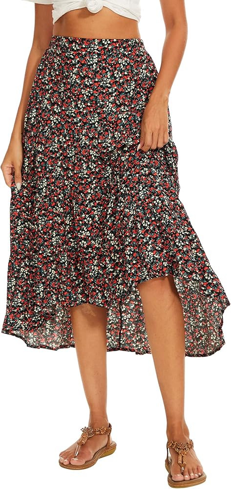 ANGGREK Womens Floral Print Midi Skirt Boho Elastic High Waist Maxi Skirts High Low Hem Skirt for... | Amazon (US)