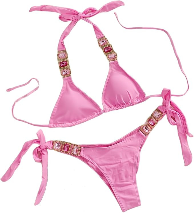 Colf Women's 2 Piece Swimsuit Halter Bikini Set Side Bottom Triangle Rhinestone Bathing Suit | Amazon (US)