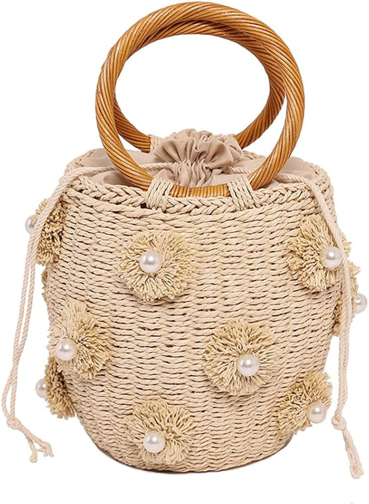 Orgone Bucket Straw Handbag, Handmade Tote Bag with Pearl Flower, Beach Woven Bag Rattan Basket P... | Amazon (US)