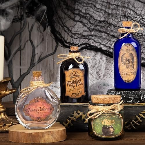 Potion Bottles Halloween Decoration, Set of 4 Glass Potion Bottles with Corks and 10 Halloween Bo... | Amazon (US)
