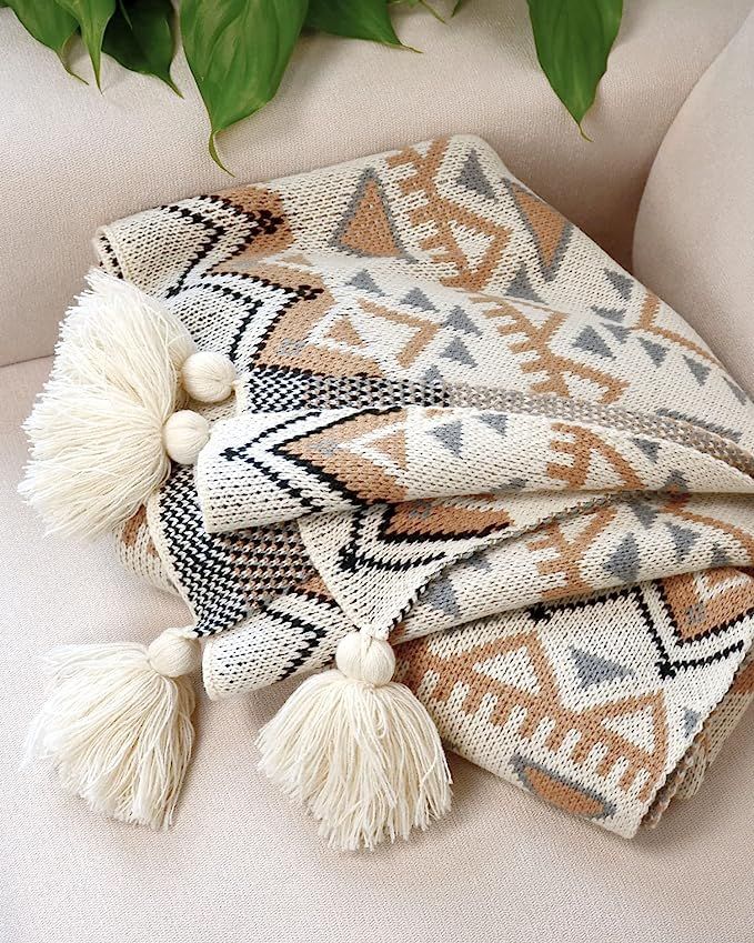 Knitted Throw Blanket for Couch with Tassels, Boho Style Throw for Home Decor, Small Cozy and Sof... | Amazon (US)