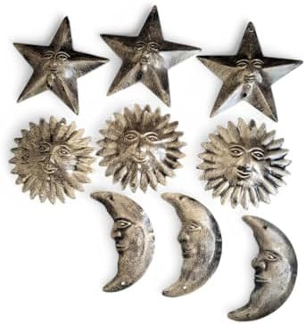 Mango Gifts Rustic Sun Moon Star Metal Wall Art | 9 Piece Antique Gold Set | Vintage Celestial Wa... | Amazon (US)