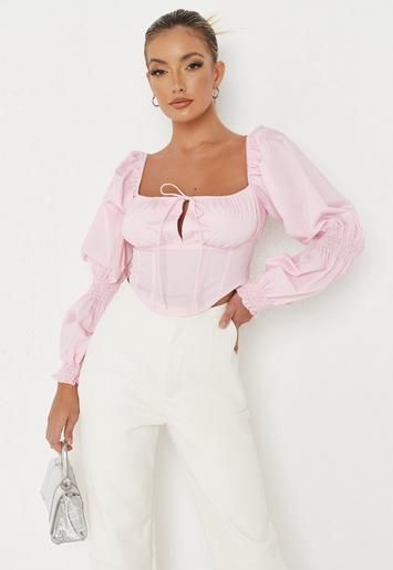 Missguided - Blush Long Sleeve Milkmaid Corset Top | Missguided (US & CA)