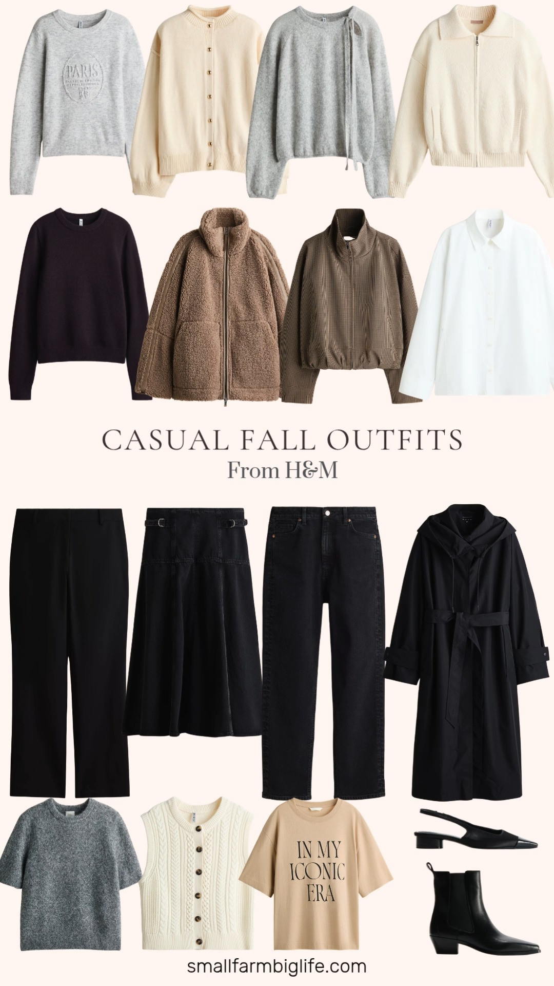 Casual fall outfits from H&M are here and I have rounded up all my favorites for you.

Starting with sweaters, the light gray heather Paris Motif Sweater and the light gray melange Bow Collar Sweater both have such a soft, feminine feel, while the dark purple crewneck Sweater and cream Cable Knit Sweater Vest are easy to layer for autumn outfits. The gray melange Short Sleeved Sweater is perfect for those in between fall days when you need something lighter.

For outerwear, the dark brown tan and brown plaid Oversized Bubble Hem Jacket and the dark taupe Oversized Teddy Fleece Jacket are both cozy statement pieces this season, and the black hooded Raincoat with StormMove is a practical pick for rainy fall days here in the Pacific Northwest. I am also loving the cream Knit Cardigan with a zipper and the cream Oversized Cardigan with gold buttons for easy layering over a blouse or tee for business casual workwear.

On the bottoms side, the black Ankle Length Dress Pants and black Mom Slim Fit High Waist Ankle Jeans are both closet staples, and the black Flared Denim Skirt adds a fun, trendy twist to a classic fall outfit.

Rounding things out, the white Tapered Waist Poplin Shirt and the beige In My Iconic Era graphic Tee are both easy basics to build around, and the black Block Heeled Slingbacks and black Leather Ankle Boots are perfect for finishing off any autumn outfits look this season.

So many easy pieces to build casual fall outfits around, all linked for you.

#hm #fallfashion #falloutfits #autumnoutfits #casualstyle 

 #LTKootd #LTKOver40 #LTKWorkwear