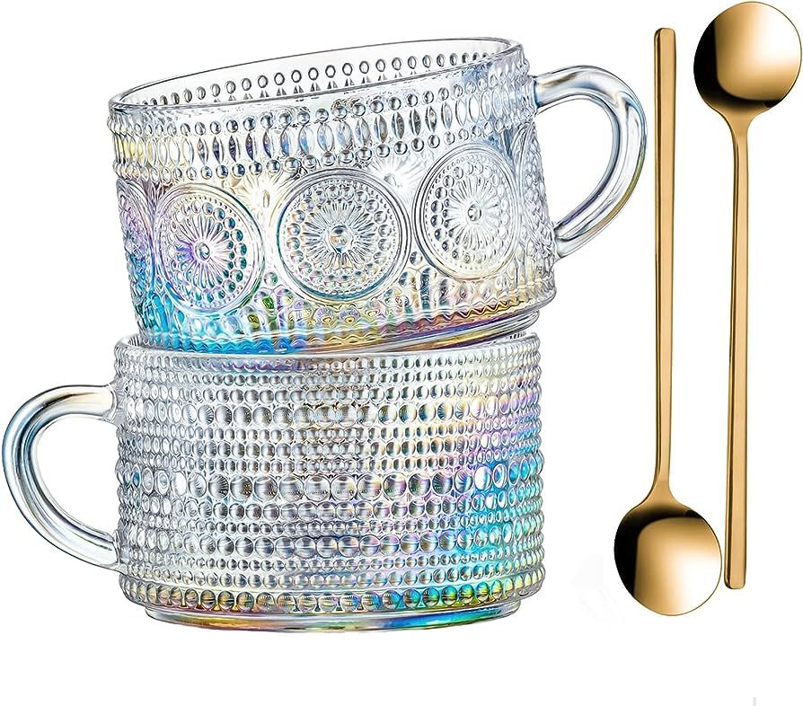Amazon.com: Gezzeny Vintage Glass Coffee Mugs 14 Oz Set of 2 Clear Embossed Tea Cups, Glass Coffe... | Amazon (US)