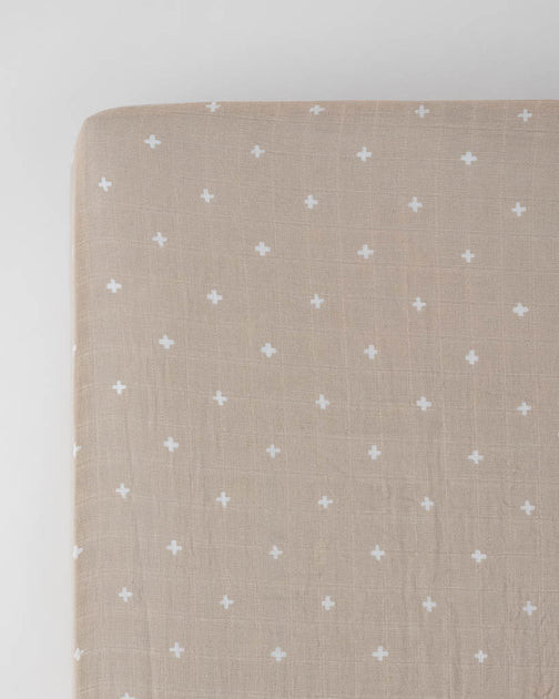 Cotton Muslin Crib Sheet - Taupe Cross | Little Unicorn