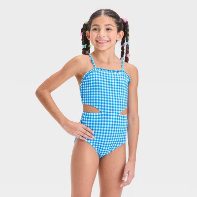 Girls' Gingham Checkered One Piece Swimsuit - Cat & Jack™ Blue | Target