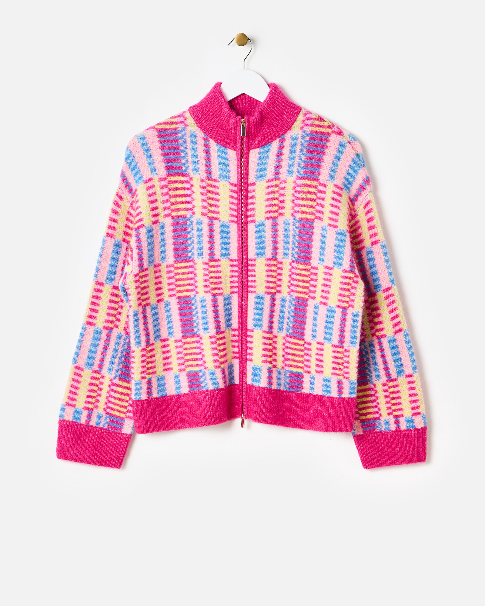 Pink Geometric Funnel Neck Knitted Bomber Jacket | Oliver Bonas | Oliver Bonas (Global)
