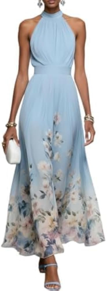 Floral Halter Sleeveless Chiffon Maxi Dress Flowy Pleated Loose Women's Dress for Wedding Guest S... | Amazon (US)