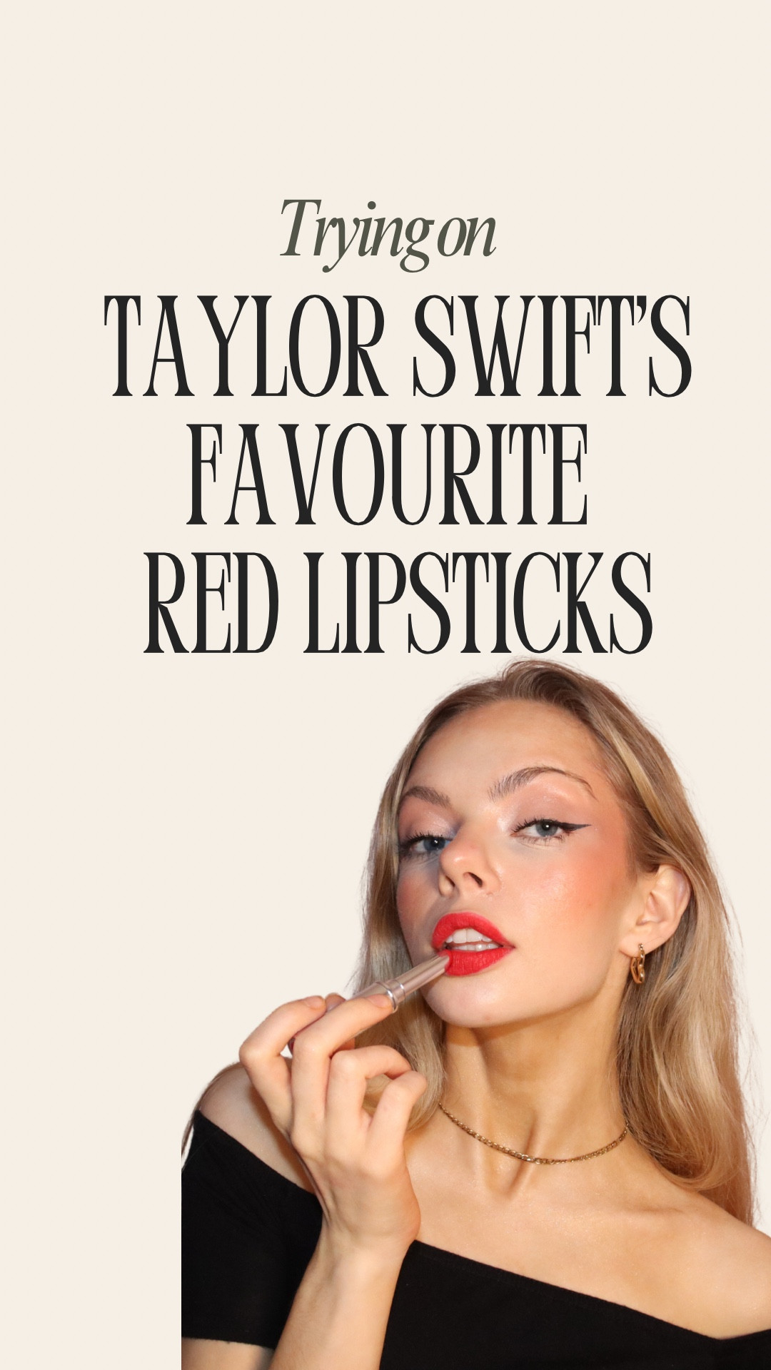 Trying out Taylor Swift’s favourite red lipsticks including her iconic viral eras tour lipstick and her orange lipstick. 

Lipsticks 
Nars dragon girl (this shade is available in lots of formulas, Taylor uses the lip pencil) 
Nars Morocco (the original formula Taylor uses isn’t available anymore but you can find this shade in Nars air matte lipstick) 
Pat McGrath Elson 4 (the lipstick we thought was the eras tour lipstick! It was used in the bejewelled music video though) 
Mac locked kiss in ruby true (the exact formula is sold out in most places but you can find the shade in other formulas!) 

Which is your favourite Taylor Swift red lip? 

Are you looking for the perfect red lipstick, here are some of Taylor Swift’s favourites!! 

#Redlipsticks #TaylorSwift 

#LTKdatenight #LTKuk #LTKstyletip