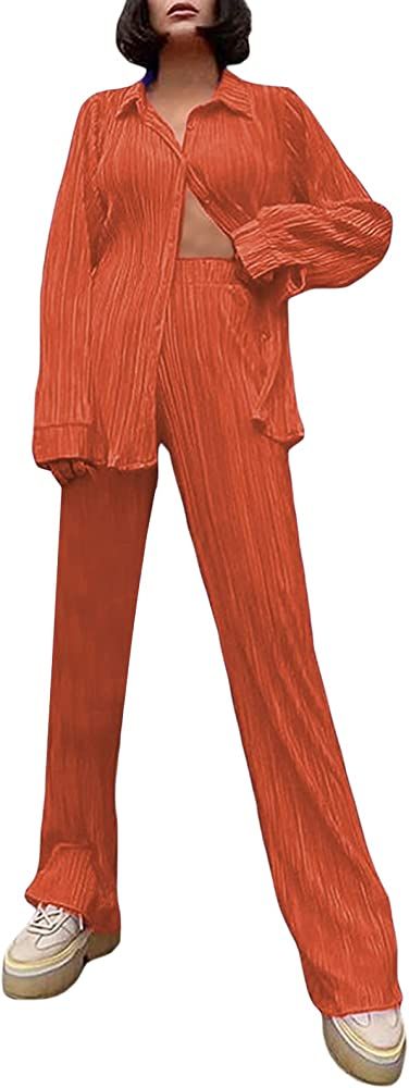 Franhais Wide Leg Pants Sets Women 2 Piece Outfits Casual Long Sleeve Button Down Shirt Linen Pan... | Amazon (US)