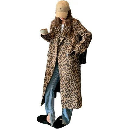 utcoco Womens Leopard Long Wool Trench Coat Winter Warm Overcoat | Walmart (US)