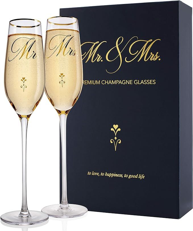 Bride and Groom Champagne Glasses (8 oz), Gold Print Mr and Mrs Glasses for Wedding Glasses and T... | Amazon (US)