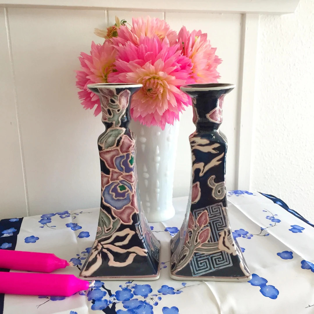 Toyo Floral Candle Holder Pair, Hand Painted Blue & Pink Enamel Flowers, Chinoiserie Asian Orient... | Etsy (US)