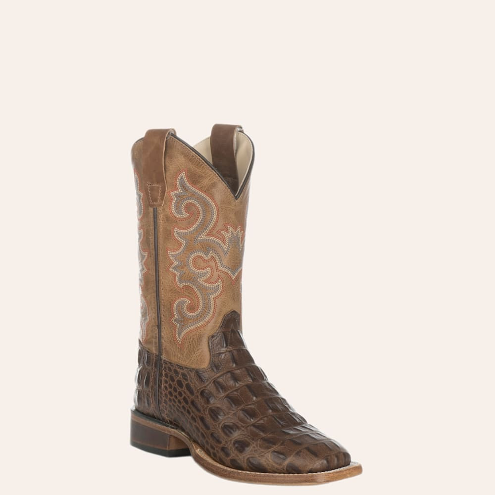 Old West Youth Chocolate Croc Print and Tan Wide Square Toe Western Boots | Cavender's