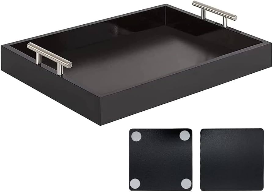 Simoei Serving Tray, Deluxe Tray for Coffee Table with Polished Silver Metal Handles and 2 Coaste... | Amazon (US)