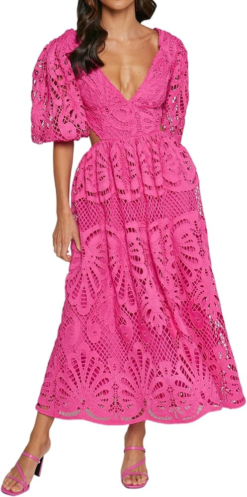 yoeasy Womens Lace Embroidered Hollow Out Dress Lantern Short Sleeve V Neck Cutout Flowy Swing Bo... | Amazon (US)