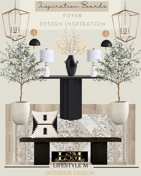 Foyer Design Inspiration. Recreate the look at home. Black console table, black bench, foyer rug, throw pillow, black vase, faux fake tree, wood floor tile, table lamp, brass gold foyer pendant, wall sconce light. 

#LTKFind #LTKstyletip #LTKhome