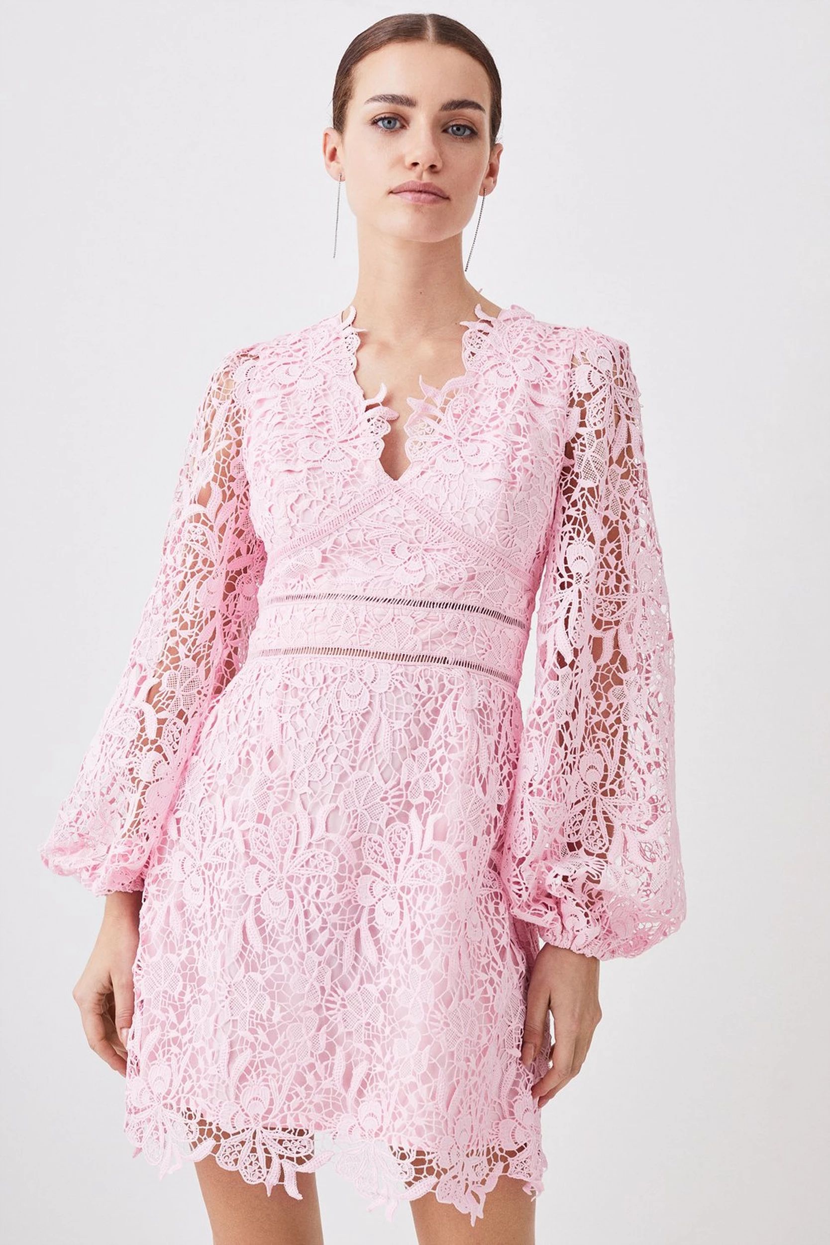 Petite Guipure Lace V Neck Woven Mini Dress | Karen Millen US