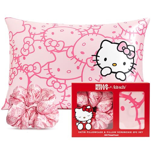 Kitsch Hello Kitty Satin Pillowcase, Softer Than Silk for Hair & Skin, Machine Washable, Wrinkle-Free, Standard Size, and Satin Scrunchies No Damage Hair Ties Pink Kitty Faces, 2 Piece Set | Amazon (US)