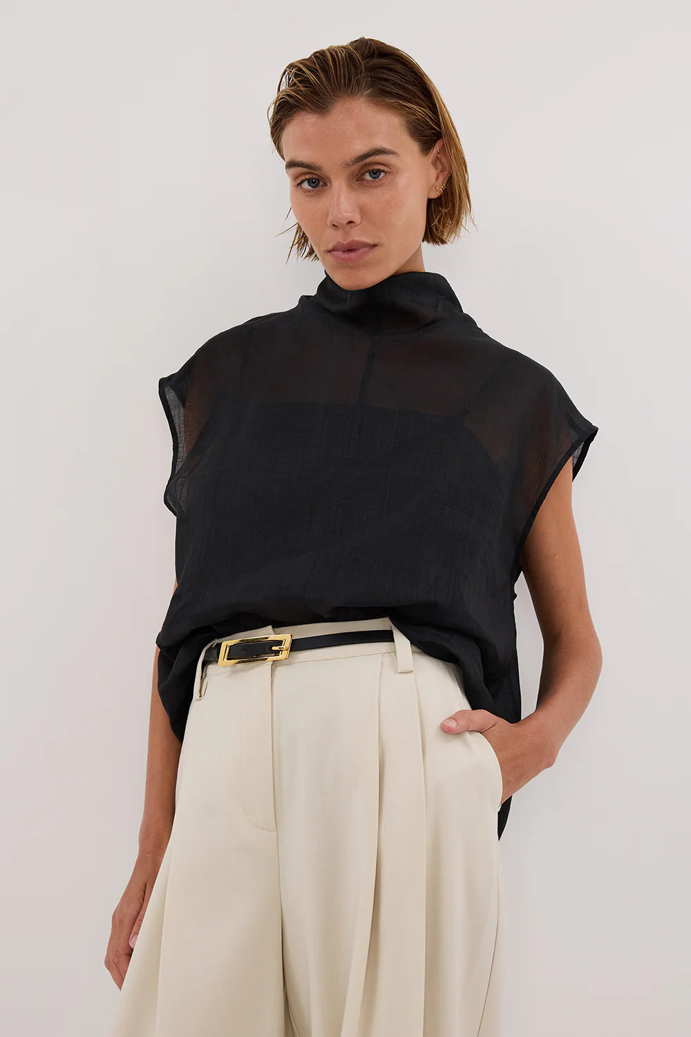 CARMEL BLACK RAMIE FUNNEL NECK TOP | DISSH