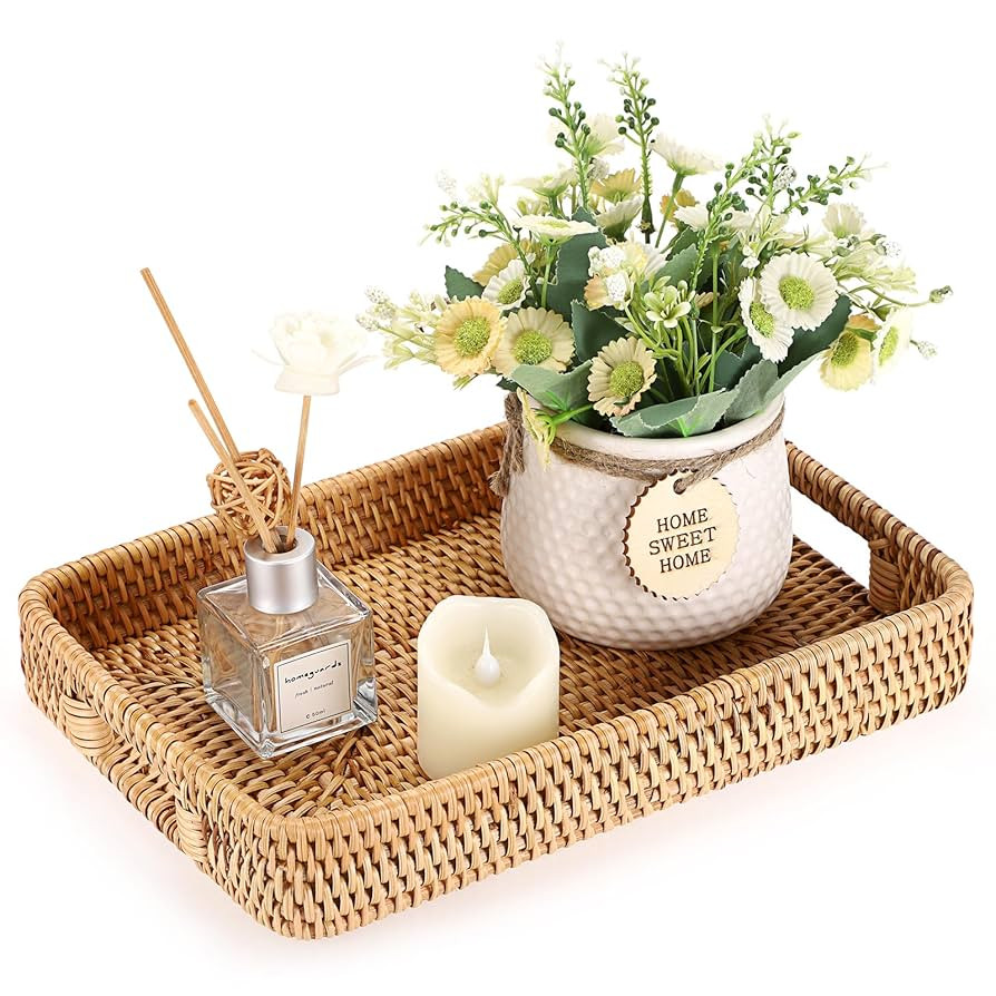 Hipiwe Rattan Serving Tray Hand Woven Tray with Handles Rattan Rectangular Basket Trays for Stora... | Amazon (US)