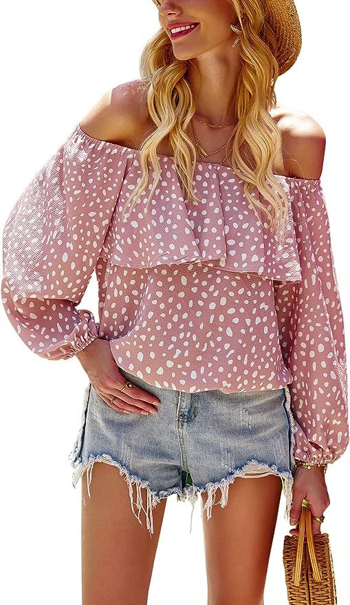 Hibluco Women's Off Shoulder Top Cute Puff Sleeve Polka Dot Ruffle Blouse | Amazon (US)