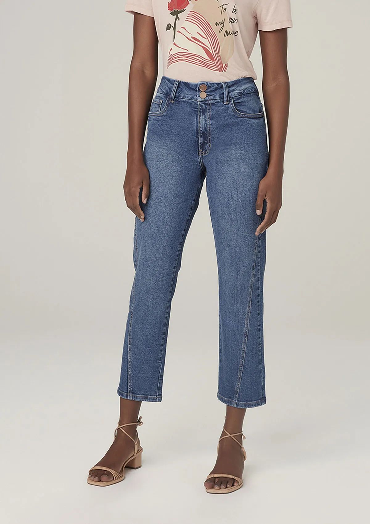 Calça Jeans Reta Com Elastano Em Tecido Eco Denim Cintura Alta - Azul | DzarmHering (BR)