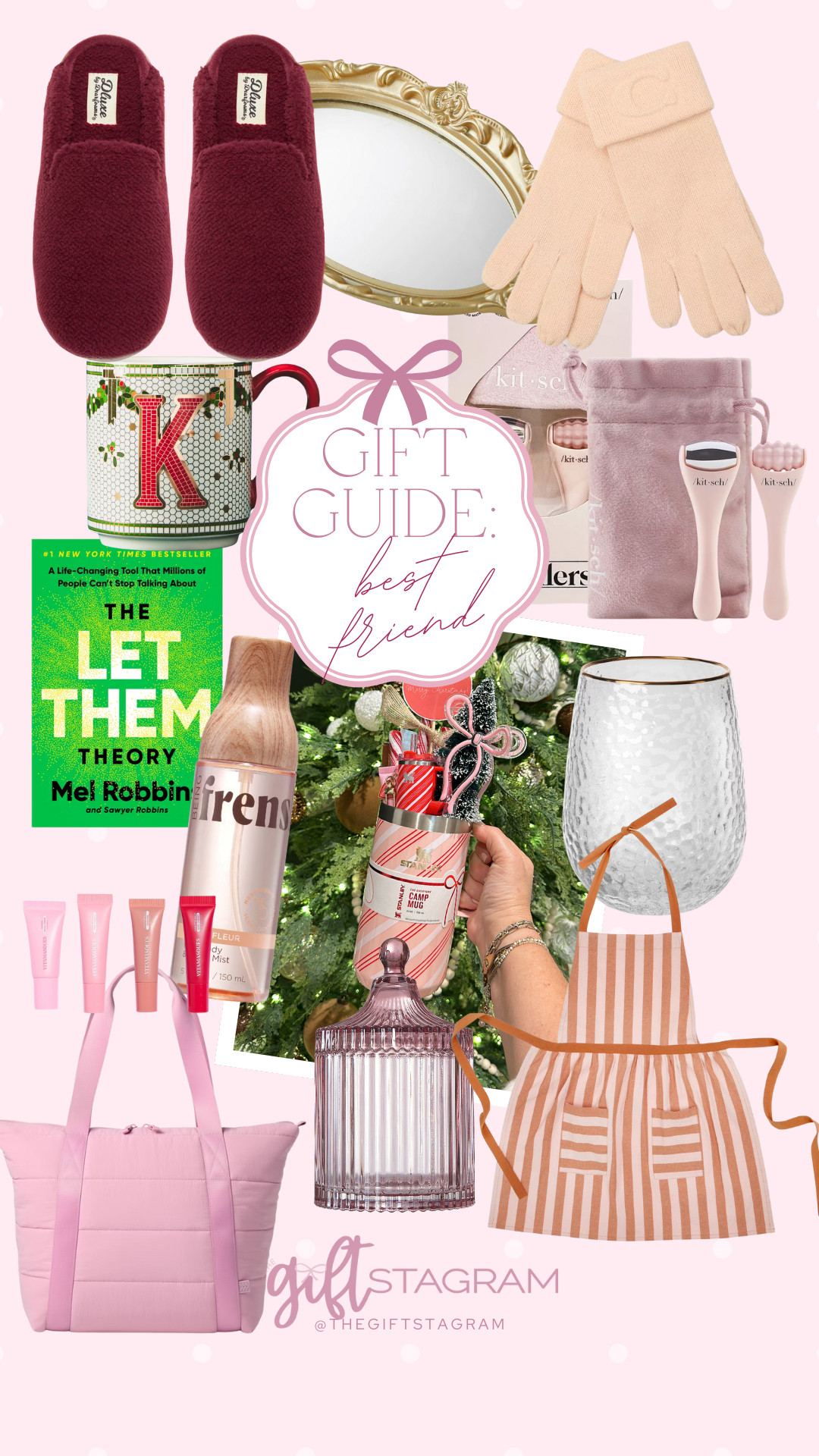 Gift guide for a best friend, sister, or any other close female:
Cozy slippers, mirror vanity tray, designer driving gloves, initial mug, book, pampering items, scented spray, lip gloss set, tote bag, glass vanity jar, fun apron, gold wine glass, and my fun idea for a stuffed Stanley tumbler gift. 

 #LTKCyberWeek #LTKGiftGuide #LTKHoliday
