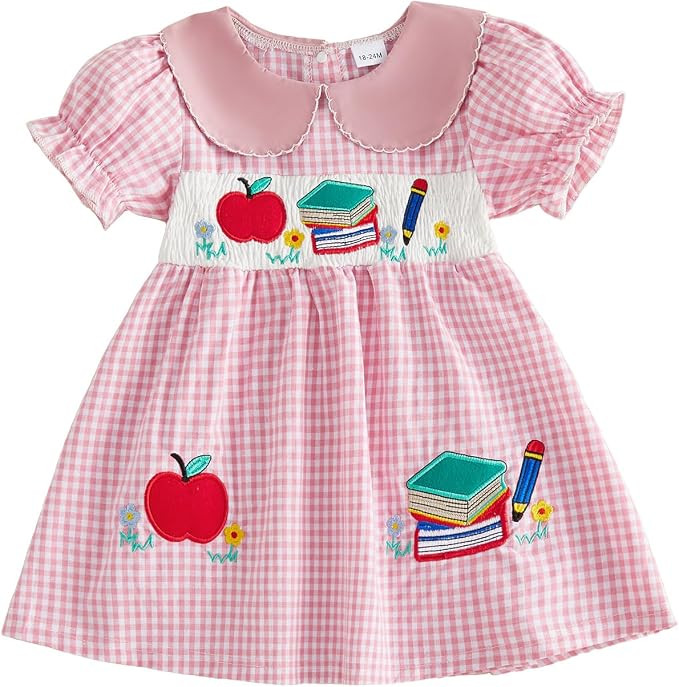 Toddler Baby Girl Back to School Outfit Pencil Short Sleeve Smocked Plaid Dress First Day of Scho... | Amazon (US)