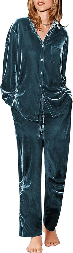 Ekouaer Womens Velvet Pajamas Set Long Sleeve Button Up Sleepwear Soft 2 Piece Loungewear Pj Set | Amazon (US)