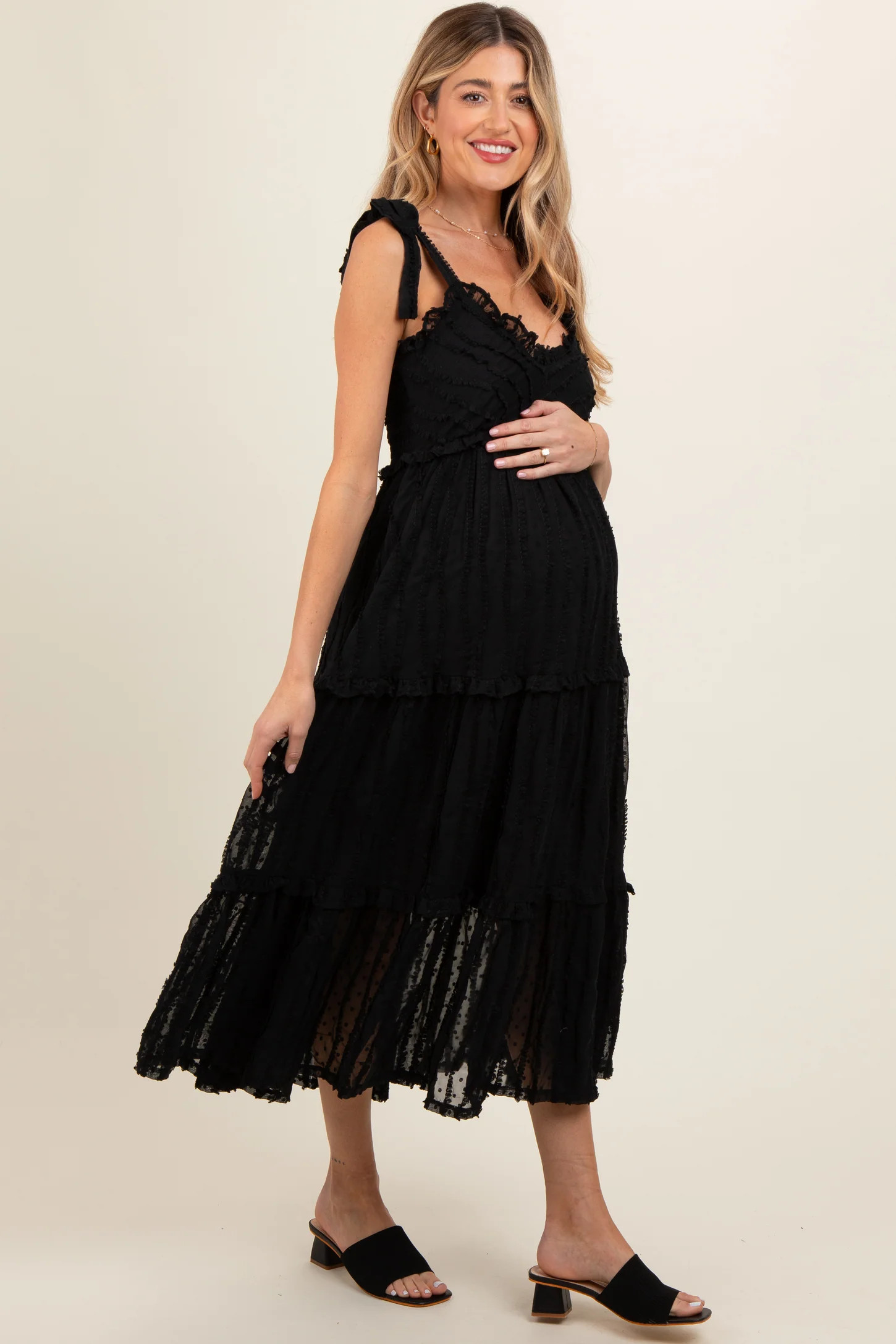 Black Textured Tie Strap Tiered Maternity Midi Dress | PinkBlush Maternity