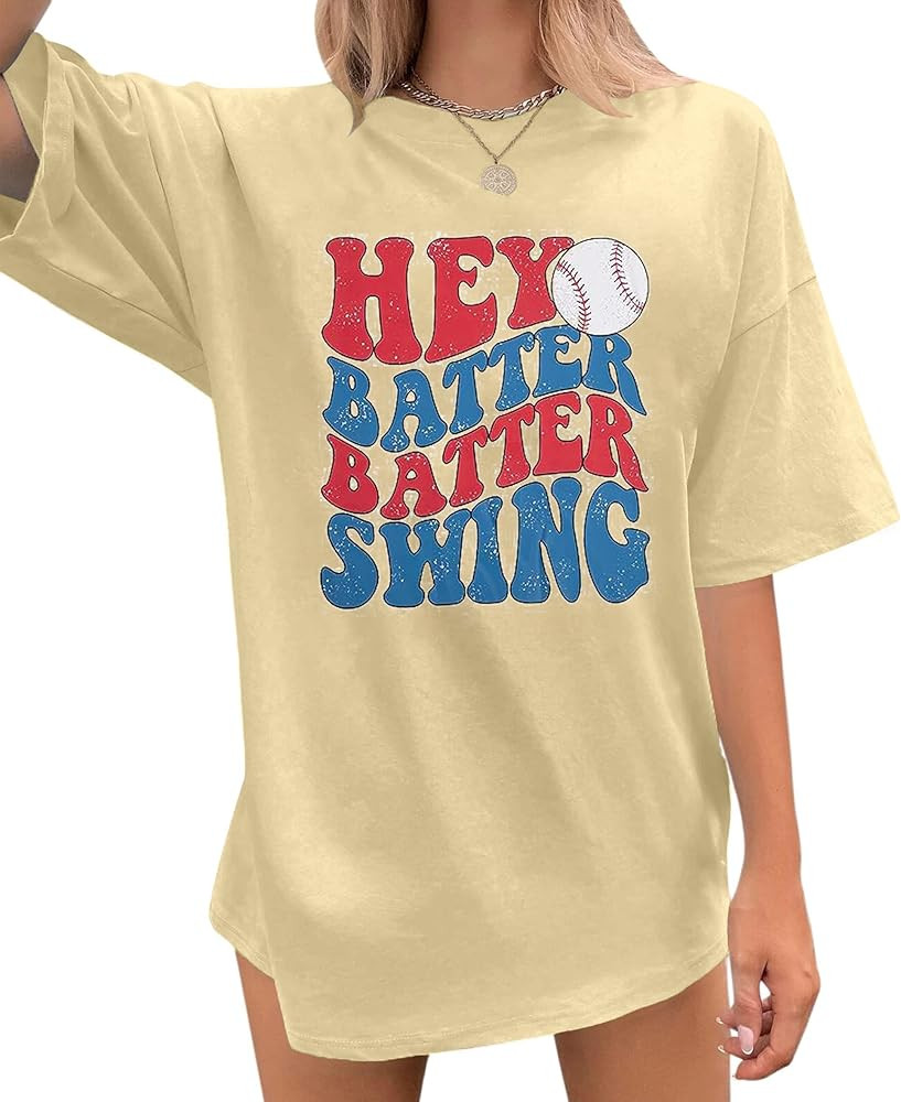 Baseball Shirt Women: Oversized Baseball Mom Shirts Hey Batter Batter Swing Graphic Tee Ballpark ... | Amazon (US)