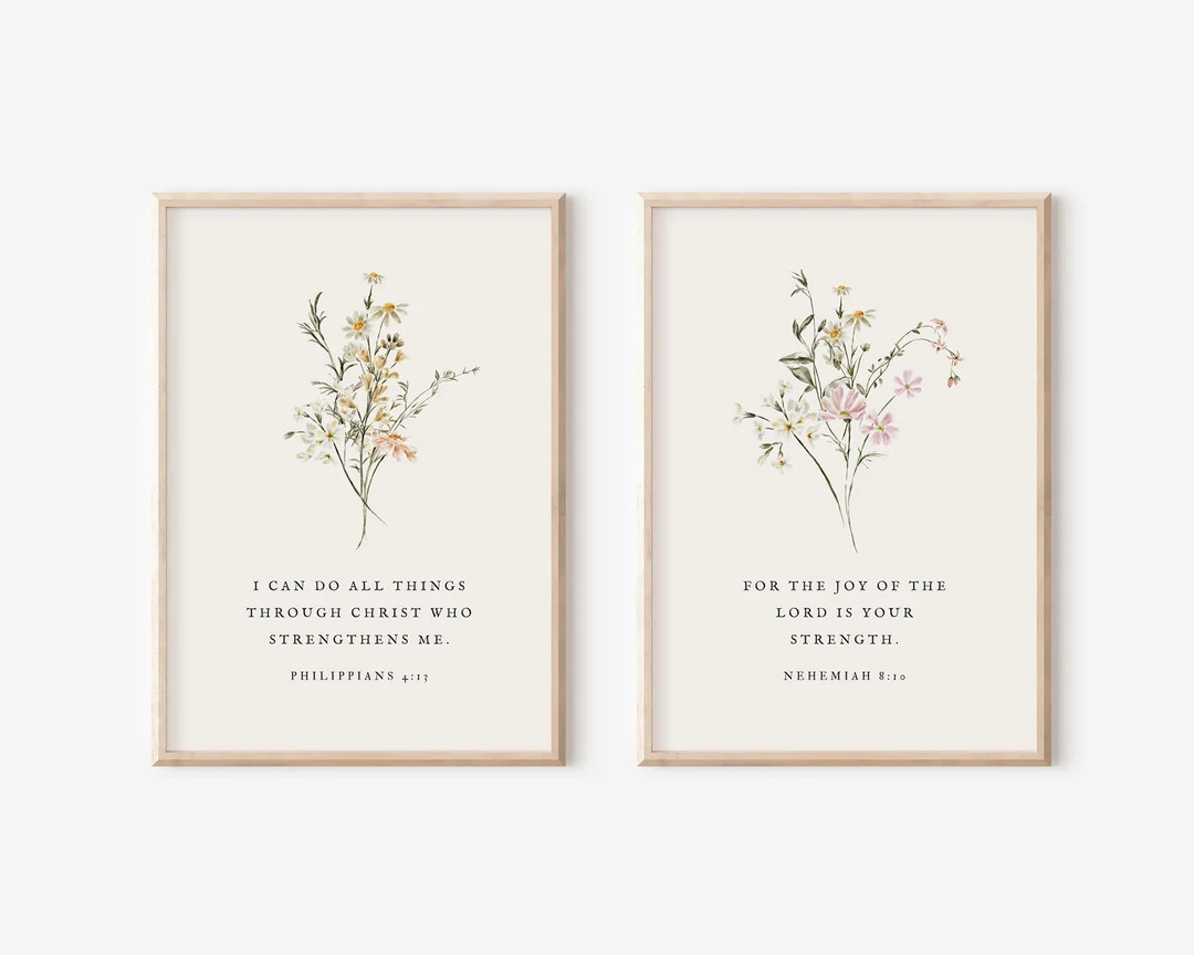 Christian Floral Poster Set of 2, Bible Verse Wall Art, Botanical Scripture Print, Nehemiah 8:10,... | Etsy (US)