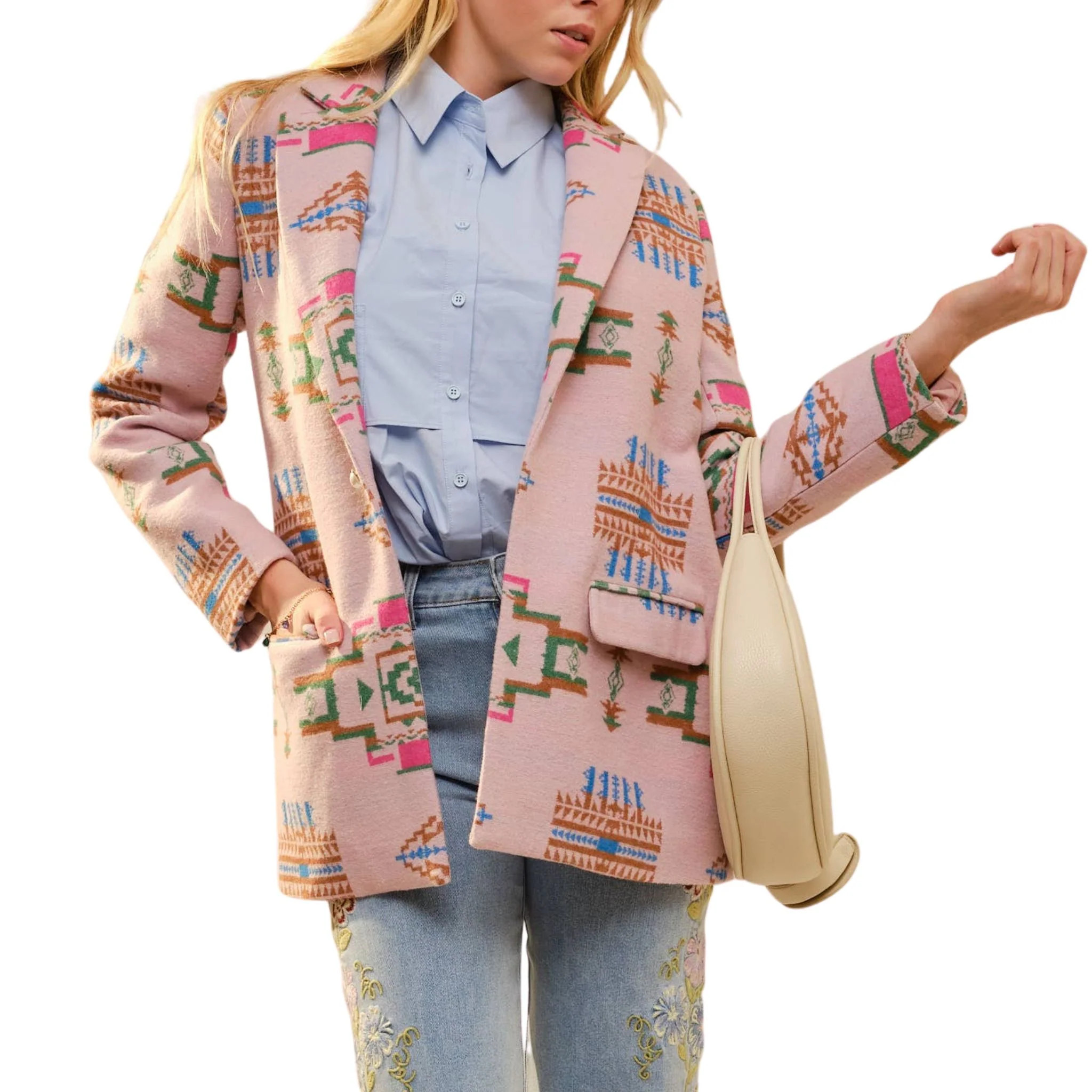 Aztec Jacquard Jewel Button Blazer - Mauve | Christina Greene LLC