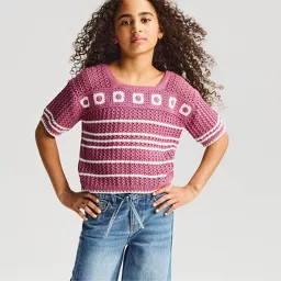 Girls' Short Sleeve Scalloped Striped Sweater - Cat & Jack\u2122 Mauve XS | Target